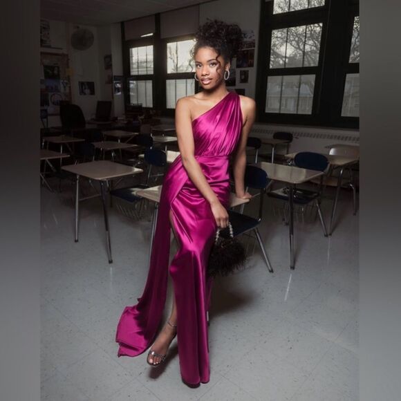 Mac Duggal 26654 Gathered One Shoulder Satin Faux Wrap Gown Dress - Picture 2 of 16